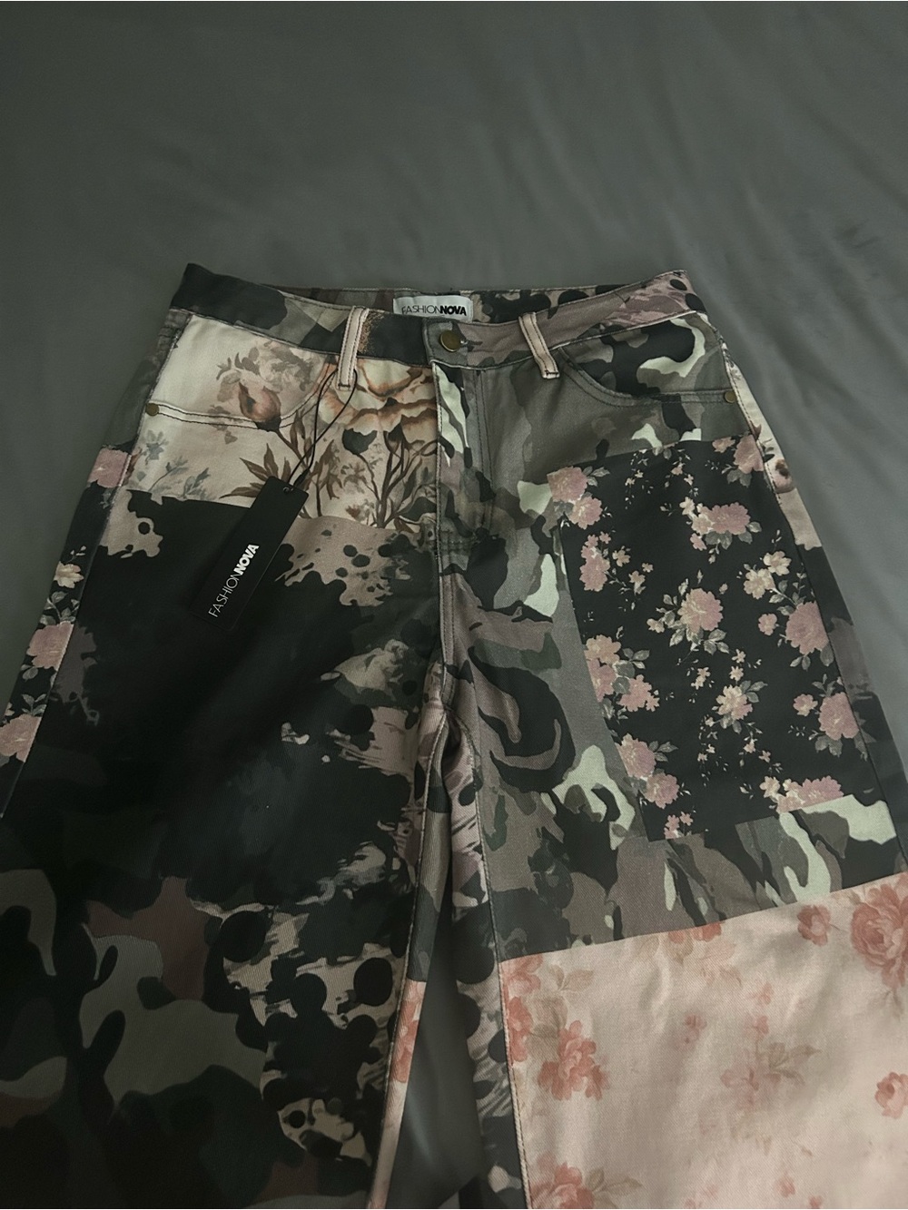 Fashion Nova Patchwork Camo & Floral Straight-Leg Jeans - Gray/Green/Pink
